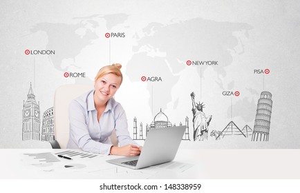 Beautiful young businesswoman with world map and major landmarks of the world