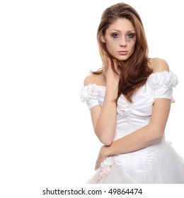 Beautiful Young Caucasian Sad Bride Crying, Over White Background