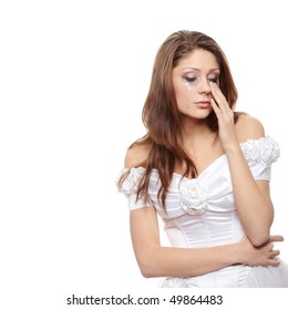 Beautiful Young Caucasian Sad Bride Crying, Over White Background