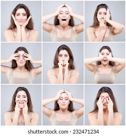 Beautiful Young Caucasian Woman Doing Face Yoga Poses