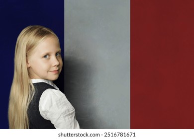 Beautiful young child girl an French flag background. Education in France and study French language concept - Powered by Shutterstock