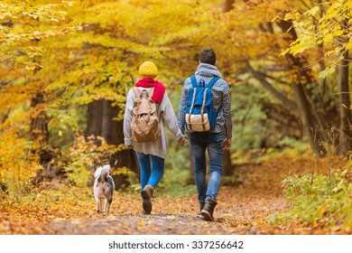 Schönes junges Paar auf einem Spaziergang im Herbstwald