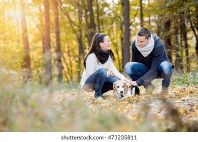 Beautiful Young Couple Walking A Dog In Autumn Forest