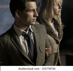 Beautiful Young Couple Walking Together In Night City