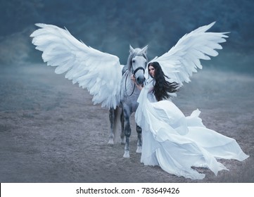 Beautiful, young elf, walking with a unicorn. An unbelievable white dress with long sleeves and a train waving in the wind. Artistic Photography Artistic Photography
