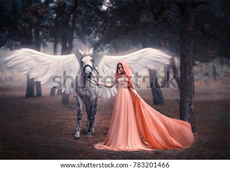 Beautiful, young elf, walking with a unicorn. She is dressed in a long orange dress with a cape, a hood. Artistic Photography