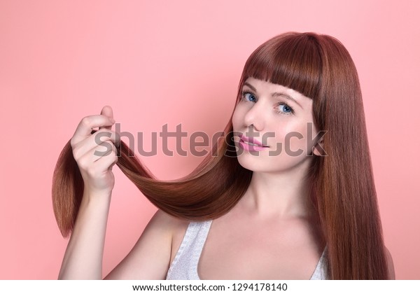 Beautiful Young Fairskinned Woman Holding Curl Stock Photo Edit