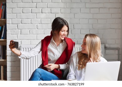 Beautiful Young Female College Friends Having Fun While Studying Together At The Campus Cafe Selfies Chatting Joyfully Technology Lifestyle Leisure Communication Living Urban University Educational.