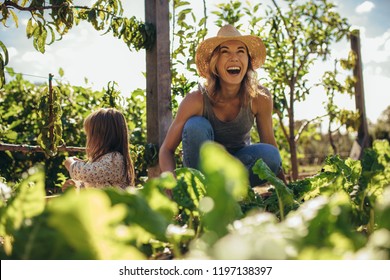 Beautiful young female farmer working in her garden with her daughter sitting by. Young mother and daughter working in the farm. - Powered by Shutterstock