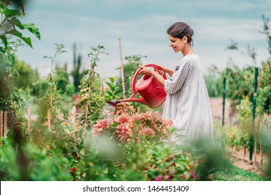 Beautiful young female in garden taking care of plants and flowers. Pretty girl taking care of garden. Watering flowers from watering can in summer time - Powered by Shutterstock