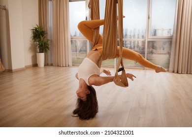 Beautiful Young Female Gymnast Exercising On Aerial Yoga Hammock