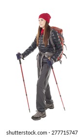 Beautiful Young Female Hiker Isolated On White Background, Standing In Full Length In Outdoor Hiking Outfit.