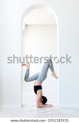 Similar – Image, Stock Photo young caucasian woman doing fitness on mat at home