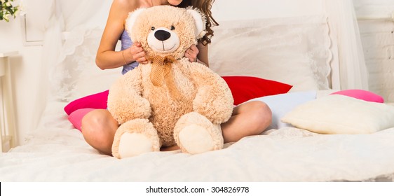 Beautiful Young Girl With Big Teddy Bear