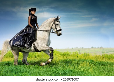 Beautiful young girl in black dress riding a gray horse