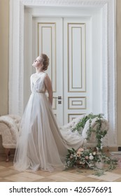 Beautiful Young Girl Bride In A Beautiful Airy Dress In Beige Colors , Wedding In The Style Of Boho