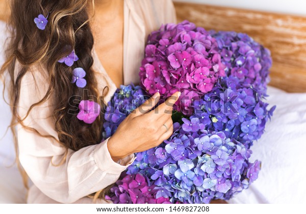 Beautiful Young Girl Flowers Long Brunette Royalty Free Stock Image