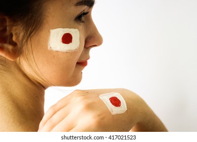 Beautiful Young Girl With Japan Flag Hand & Manicure, From Behind