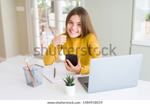 Beautiful Young Girl Kid Using Smartphone Stock Photo Edit Now