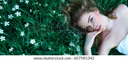 Similar – Image, Stock Photo Cute blonde woman, natural beauty. Young teenager girl on blue, charming smile