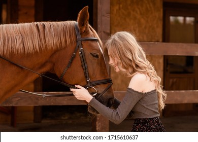 Beautiful Young Girl Near Horse On Ranch. A Woman Looks At A Horse. Portrait Of A Girl With A Horse