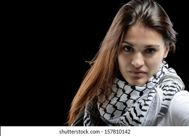 Beautiful Young Girl With Palestinian Scarf In Front Of Dark Background