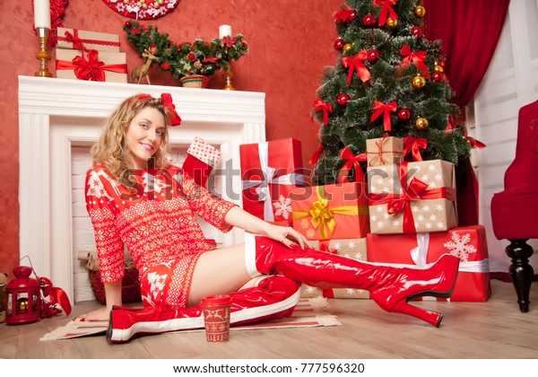 Beautiful Young Girl Red Christmas 