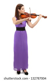 Beautiful Young Girl With Violin, Isolated On White