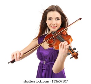 Beautiful Young Girl With Violin, Isolated On White