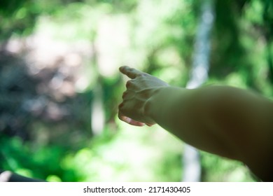 Beautiful Young Girl's Hand Pointing Forward. Blurred Green Background.