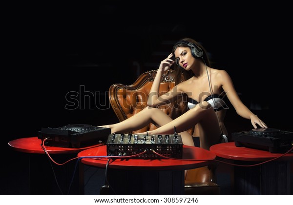 Portrait Of Pretty Sexy Young Brunette Dj Girl With Long 