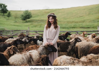 Beautiful, young and happy caucasian woman in stylish dress with a bouquet of flowers in her hands traveling on the sheep farm in beautiful countryside nature.