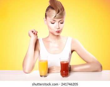 Beautiful Young Happy Woman Drinking Fruit Juice. Healthy Lifestyle.