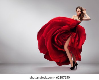 Beautiful Young Lady Wearing Red Rose Dress