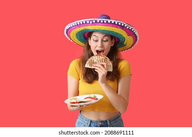 Beautiful Young Mexican Woman With Tasty Quesadilla On Color Background