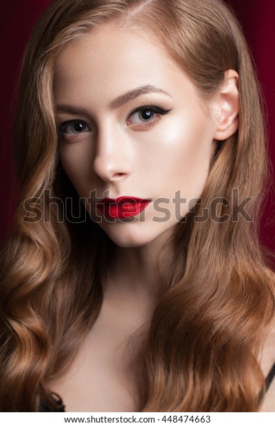 Beautiful Young Model Red Lips Wavy Stock Photo Edit Now 448474663