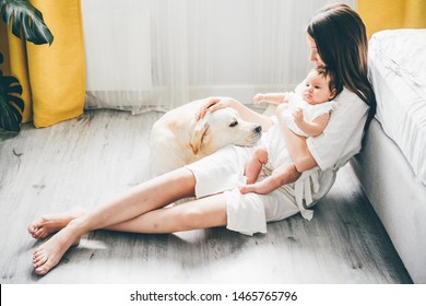 Beautiful young mother with a baby girl and a cute Labrador at home. Young mother with her cute baby playing with dog. - Powered by Shutterstock