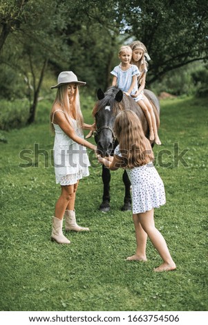 Similar – Image, Stock Photo Brown horse walking on a green field in cloudy weather