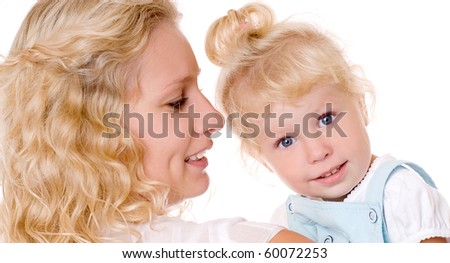 Beautiful, young mum and her daughter with blonde hair, isolated