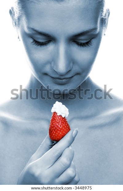 Beautiful Young Naked Girl With Red Juicy Strawberry Toned In Blue 