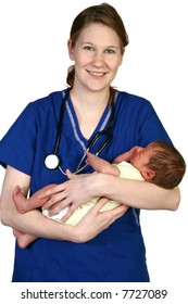 Beautiful Young Nurse Holding Newborn Baby Over White Background.