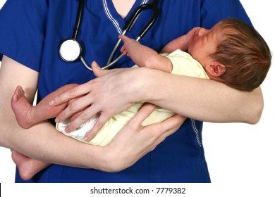 Beautiful Young Nurse Holding Newborn Baby Over White Background.