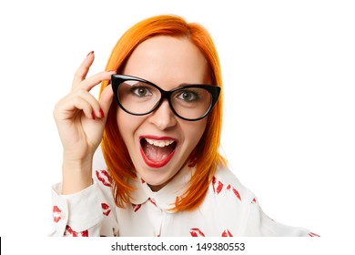 Beautiful Young Red Woman Wearing Cateye Glasses