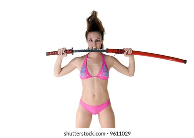 Beautiful Young Samurai Dancer In A Pink Bikini With A Tall Red Mohawk Drawing Her Sword