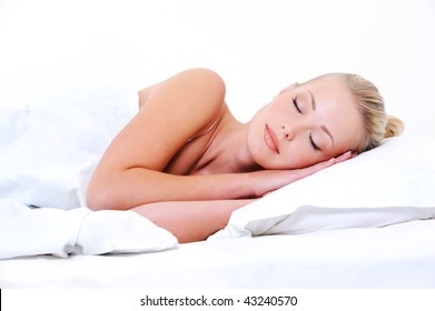 Beautiful Young Sleeping Woman Seeing Sweet Dreams