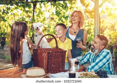Beautiful young smiling family of four with dog having picnic at a vineyard.