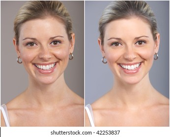Beautiful young smiling woman before and after makeup