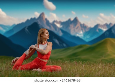 Beautiful young sportswoman doing yoga asana and stretching slim body on nature mountain background, Nature's strength: Woman's body workout flourishes in the mountainous summer retreat - Powered by Shutterstock