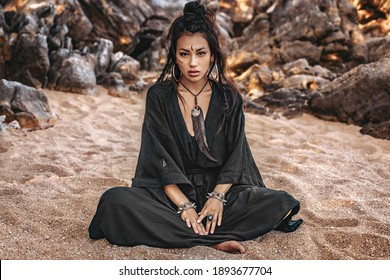 Beautiful Young Stylish Tribal Woman Outdoors Portrait