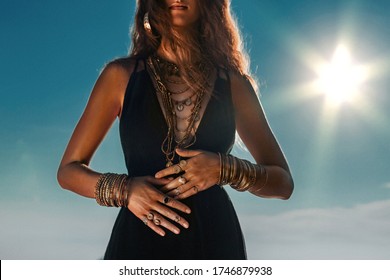 beautiful young stylish woman outdoor portrait at sunset